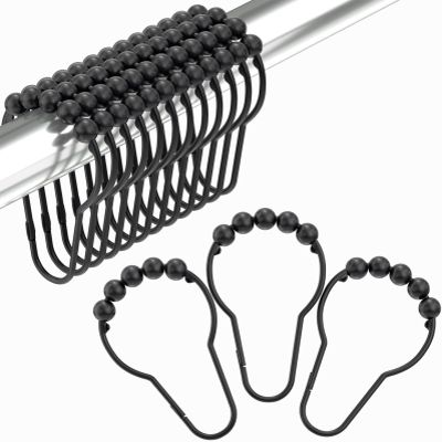 SGHAGH Shower Curtain Hooks, Decorative Rust Proof Stainless Steel Shower Curtain Hooks for Bathroom Shower Rods Set of 12,Matte Black