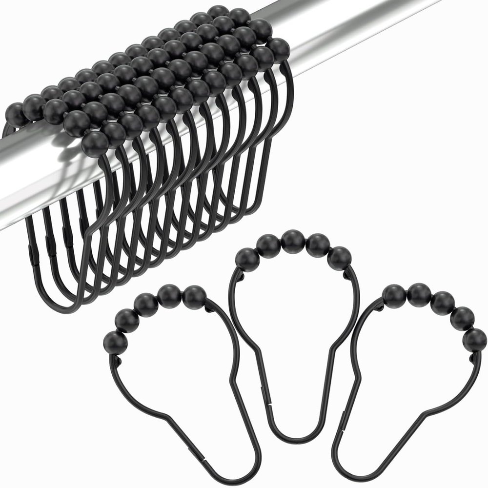 SGHAGH Shower Curtain Hooks, Decorative Rust Proof Stainless Steel Shower Curtain Hooks for Bathroom Shower Rods Set of 12,Matte Black