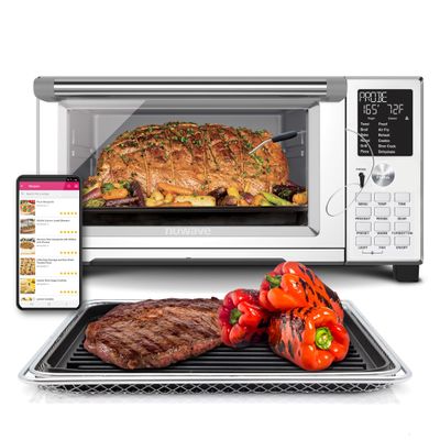 Nuwave Bravo Air Fryer Convection Oven Countertop, 100-in-1 Smart Grill Combo,10 Toaster Settings, Finer Control of 5 Heaters & 3 Fan Speed, 50-500F, Smart Thermometer, Stainless Steel, PFAS Free