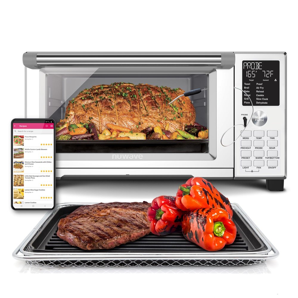 Nuwave Bravo Air Fryer Convection Oven Countertop, 100-in-1 Smart Grill Combo,10 Toaster Settings, Finer Control of 5 Heaters & 3 Fan Speed, 50-500F, Smart Thermometer, Stainless Steel, PFAS Free