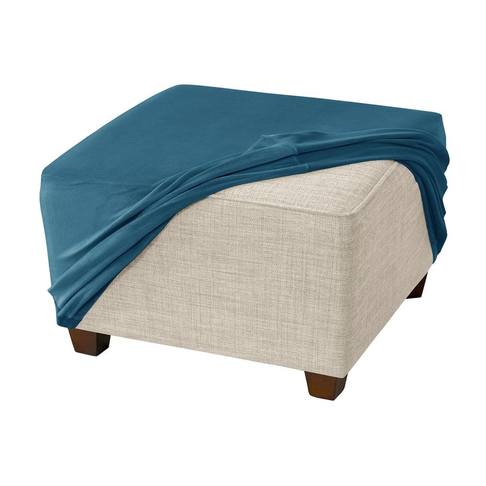 JHLD Stretch Ottoman Cover Square, Ottoman Slipcovers Velvet Ottoman Covers Slipcover Plush Soft Removable Washable Footrest Stool Covers for Living Room-Peacock Blue-Medium