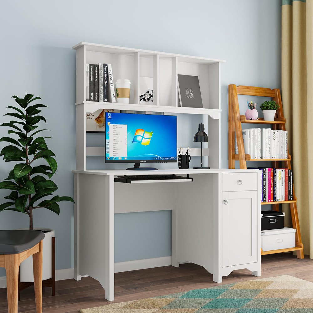 White Computer Desk with Hutch, Keyboard Tray and Bookshelf, Home Office Writing Study Desk with Drawer & Cabinet PC Laptop Desk Study Writing Gaming Table Laptop Workstation for Working Studying