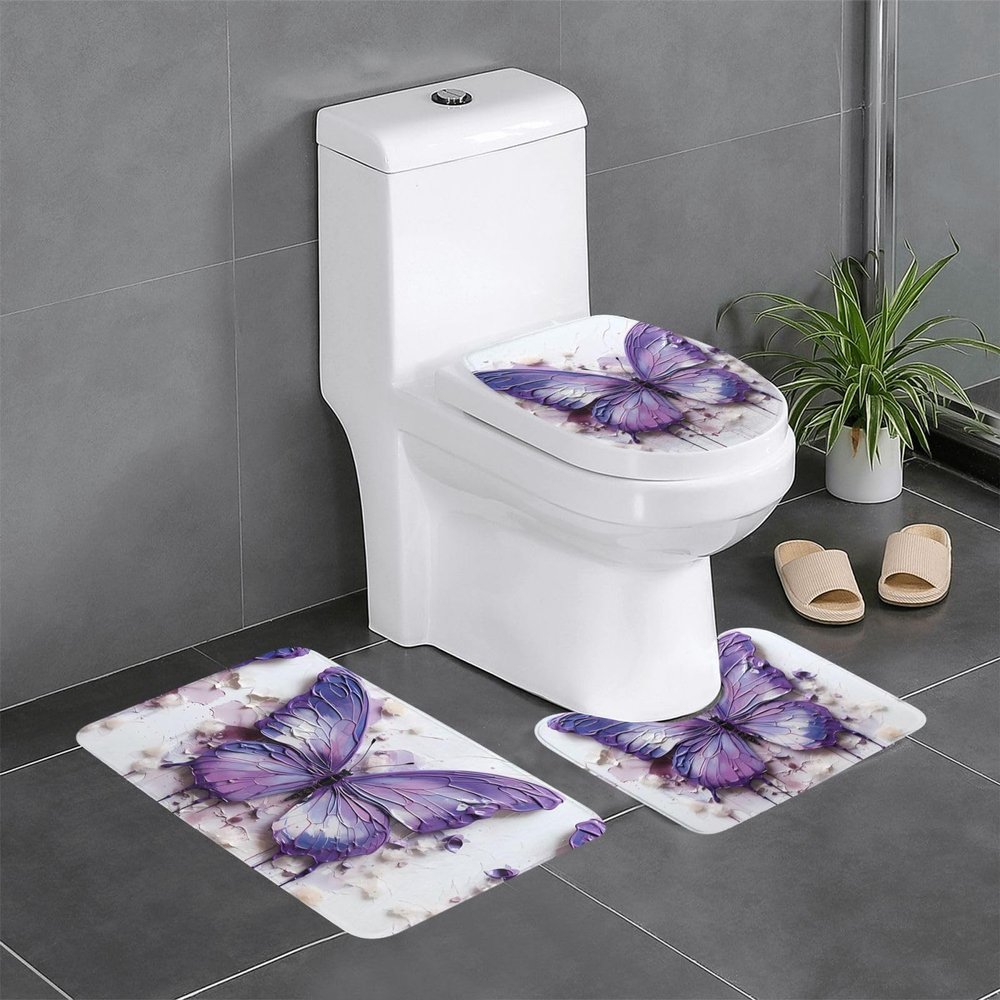 WZYWHJ Purple Oil Painting Butterfly Picture Bathroom mat Sets of 4 Bathroom Floor Mats,Non-Slip, Durable,Does Easy to Clean Suitable for Bathroom and Toilet