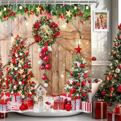 Canessioa Farmhouse Christmas Shower Curtain Rustic Wood Barn Door Xmas Trees Shower Curtains Country Winter Snowflake Shower Curtain Sets for Bathroom 72x78 in with 12 Hooks