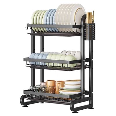 3 Tier Black Dish Drainer Rack with Drip Tray, Draining Dish Rack Drainer with Utensils Holder, Dish Drying Rack Kitchen Drainer for Small Kitchen Countertop