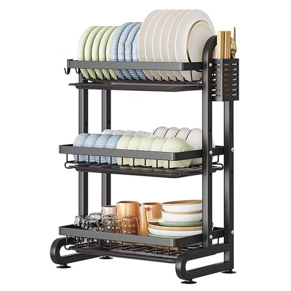 3 Tier Black Dish Drainer Rack with Drip Tray, Draining Dish Rack Drainer with Utensils Holder, Dish Drying Rack Kitchen Drainer for Small Kitchen Countertop