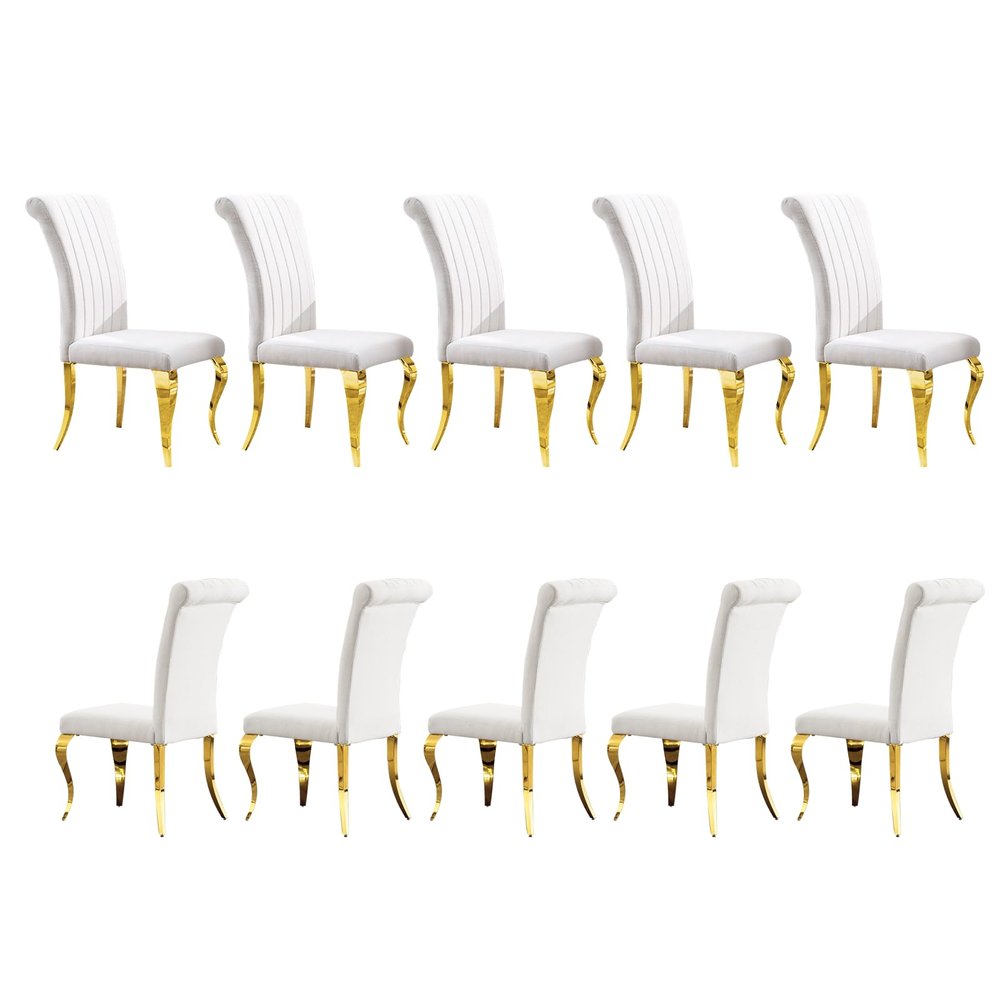 AUZ Dining Chairs, White Boucle Upholstered Dining Chairs with Rolled Back, Gold Mirrored Stainless Steel Cabriole Legs, Set of 10