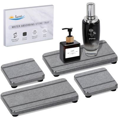 4PCS Stone Drying Trays for Bathroom Sink and Kitchen Counter - Water Absorbing Stone Tray with Diatomaceous Earth, Soap Dish and Coaster