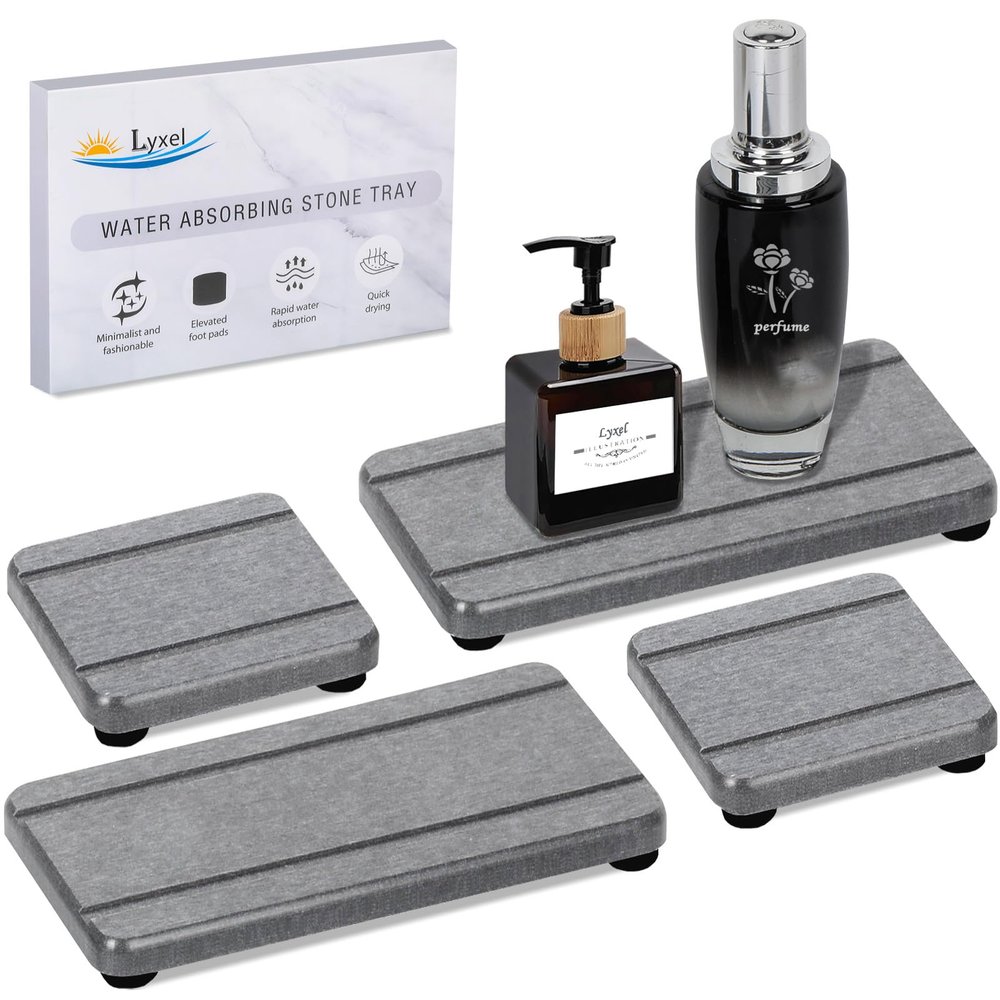 4PCS Stone Drying Trays for Bathroom Sink and Kitchen Counter - Water Absorbing Stone Tray with Diatomaceous Earth, Soap Dish and Coaster