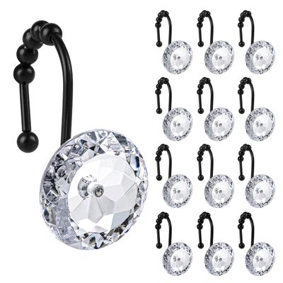 Sunlit Luxury Design Round Clear Diamond Crystal Gem Bling with Glide Balls Shower Curtain Hooks with Black Hooks, Rust Proof Metal Rhinestones Glam Shower Curtain Rings, Set of 12