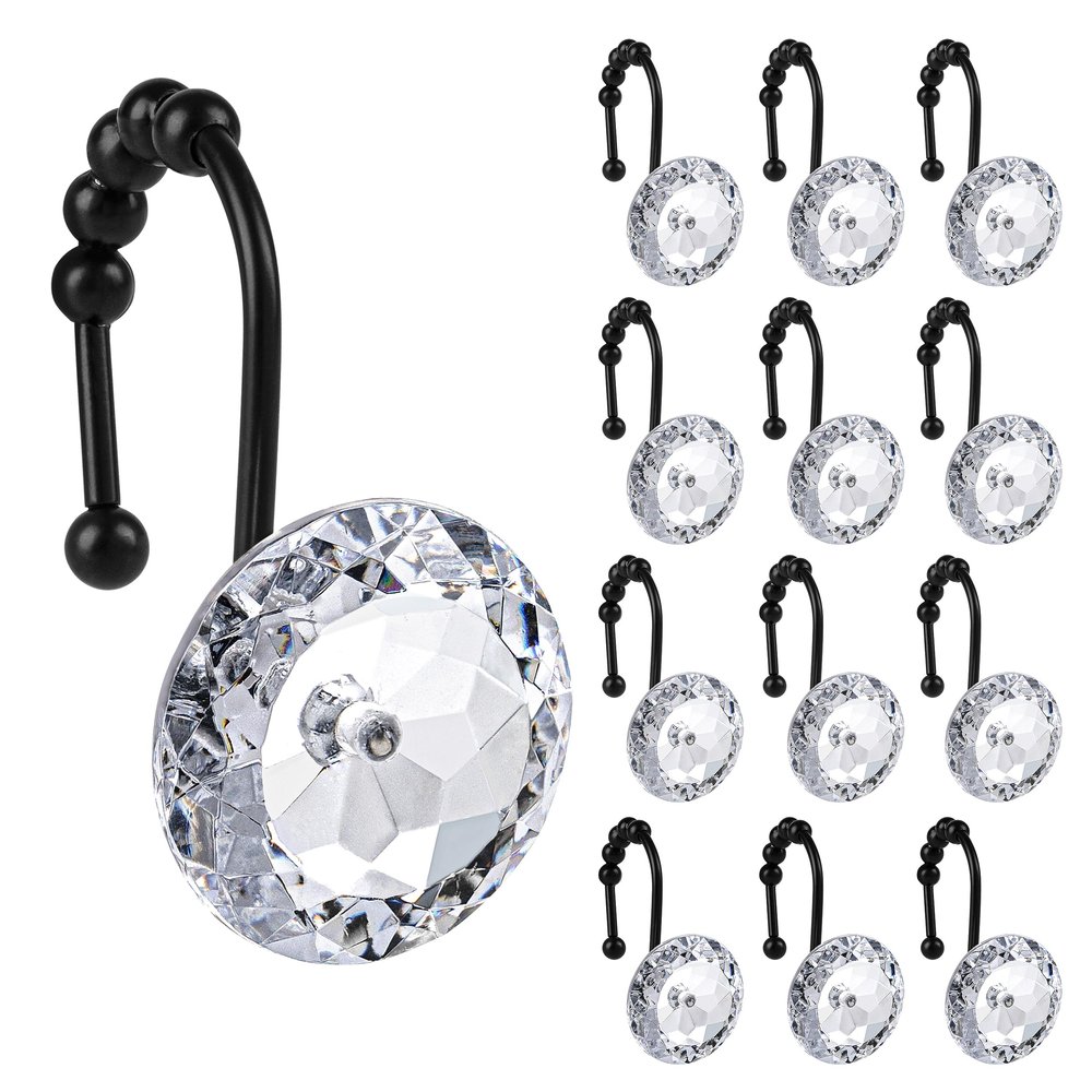 Sunlit Luxury Design Round Clear Diamond Crystal Gem Bling with Glide Balls Shower Curtain Hooks with Black Hooks, Rust Proof Metal Rhinestones Glam Shower Curtain Rings, Set of 12
