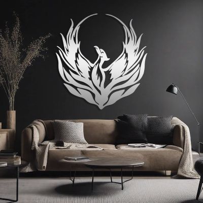 Metal Phoenix Wall Decor, Phoenix Metal Sign, Phoenix Metal Wall Art, Phoenix Wall Sculpture, Mythology Wall Art, Phoenix Modern Wall Silhouette, Wall Decor Living Room (Silver, 18"x19"|45x47cm)