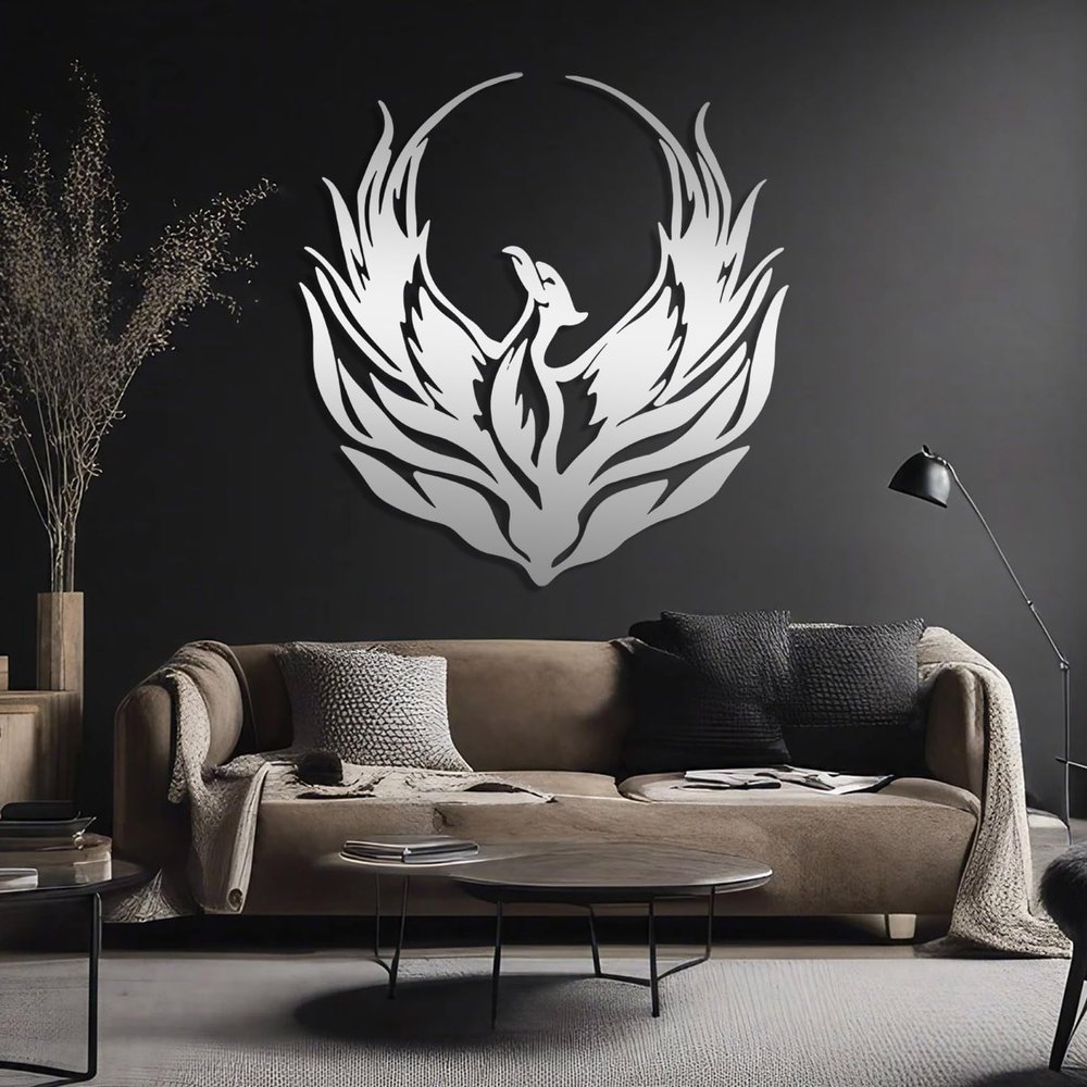 Metal Phoenix Wall Decor, Phoenix Metal Sign, Phoenix Metal Wall Art, Phoenix Wall Sculpture, Mythology Wall Art, Phoenix Modern Wall Silhouette, Wall Decor Living Room (Silver, 18"x19"|45x47cm)