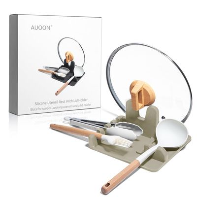 AUOON Spoon Holder for Stove - Silicone Spoon and Lid Rest with Drip Pad Kitchen Utensil Rest for Spoons, Ladles, Spatulas, Tongs & More (Milk Shake, Large)