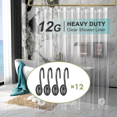 AmazerBath Heavy Duty Shower Curtain Liner 12 Gauge, 72 x 72 Inches with 3 Clear Stones Black Shower Curtain Hooks, 12PCS Elliptical Heavy Duty Design Convenient