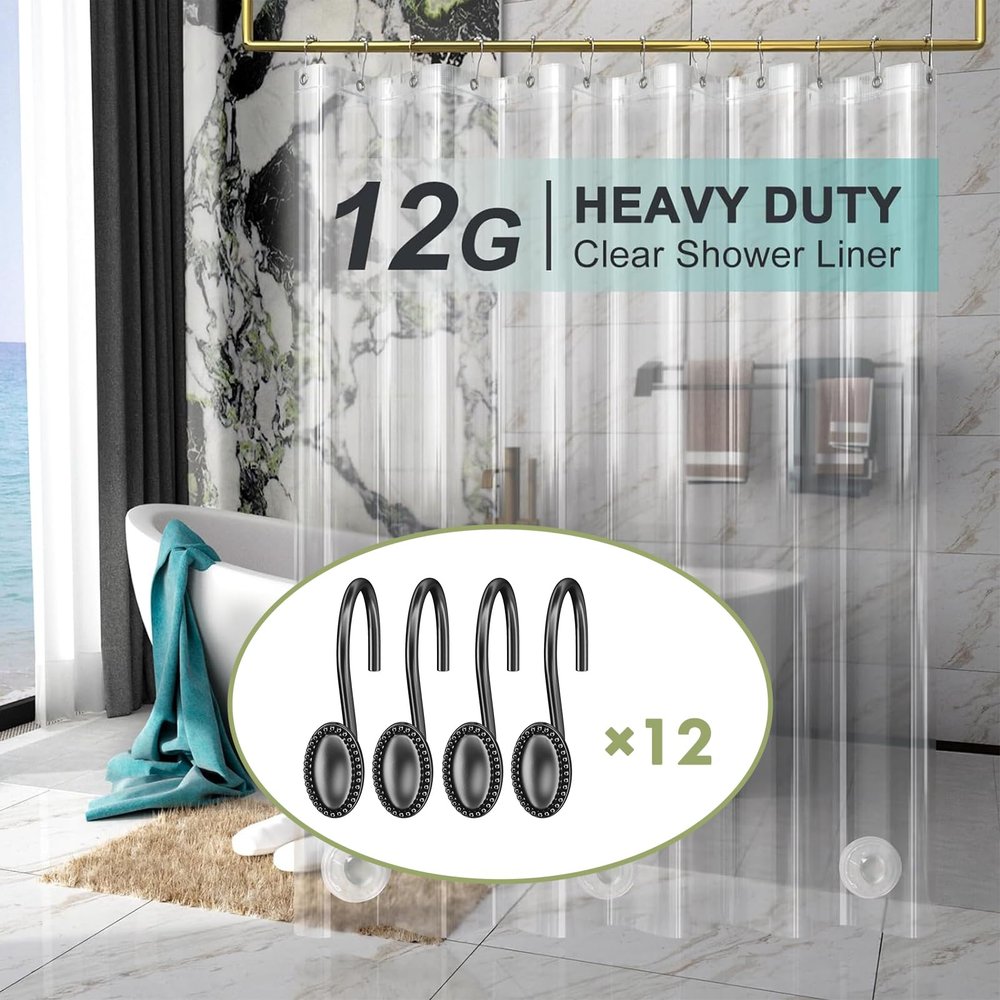 AmazerBath Heavy Duty Shower Curtain Liner 12 Gauge, 72 x 72 Inches with 3 Clear Stones Black Shower Curtain Hooks, 12PCS Elliptical Heavy Duty Design Convenient