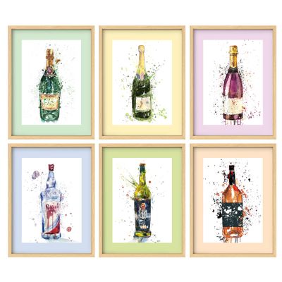Framed Wall Art Collage Print Gallery Set, Paintball Explosion Champagne Bottles Decorative Cocktails Digital Modern Art Glam Multicolor for Living Room, Bedroom, Office - 12"x 16"x 6 Natural