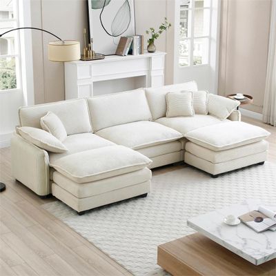 115" Modular Sectional Sofa,U Shaped Sectional Couches for Living Room,3-Seater Corduroy Upholstered Cloud Couches with Two Movable Ottomans and Deep Seats