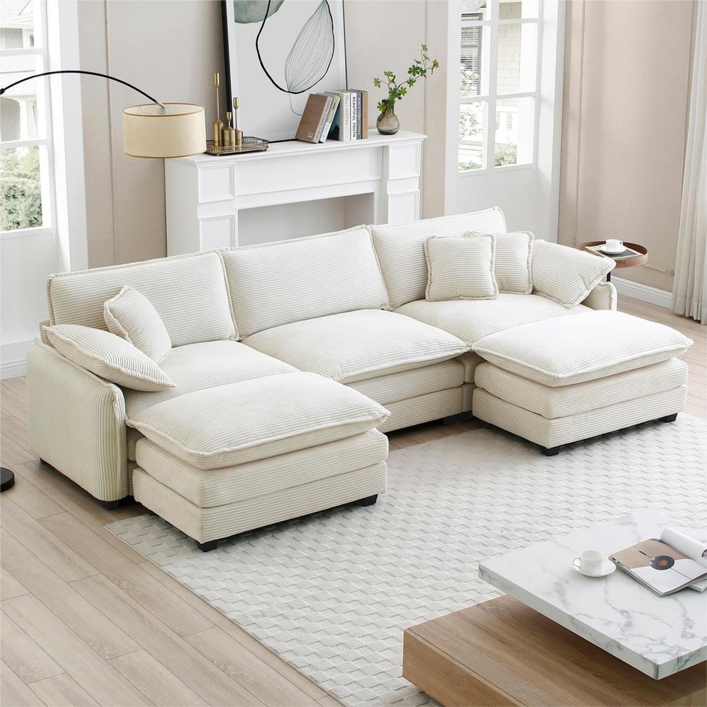 115" Modular Sectional Sofa,U Shaped Sectional Couches for Living Room,3-Seater Corduroy Upholstered Cloud Couches with Two Movable Ottomans and Deep Seats