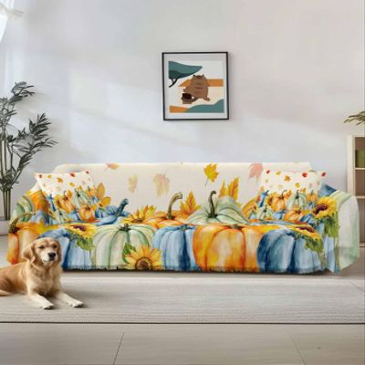 Falaniique Thanksgiving Fall Sofa Cover Couch Cushion Slipcover, Colored Pumpkins Maple Leaves Sectional/Individual/L/T Shape Sofa Couch Recliner Furniture Protector Throws Blanket Cover,L 71"x118"