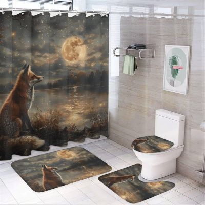 HDESDIS 4Pcs Forest Fox Fantasy Shower Curtain Sets with Rugs, Toilet Lid Cover and Bath Mat, Vintage Animal Star Moon Bathroom Shower Curtains Set with 12 Hooks