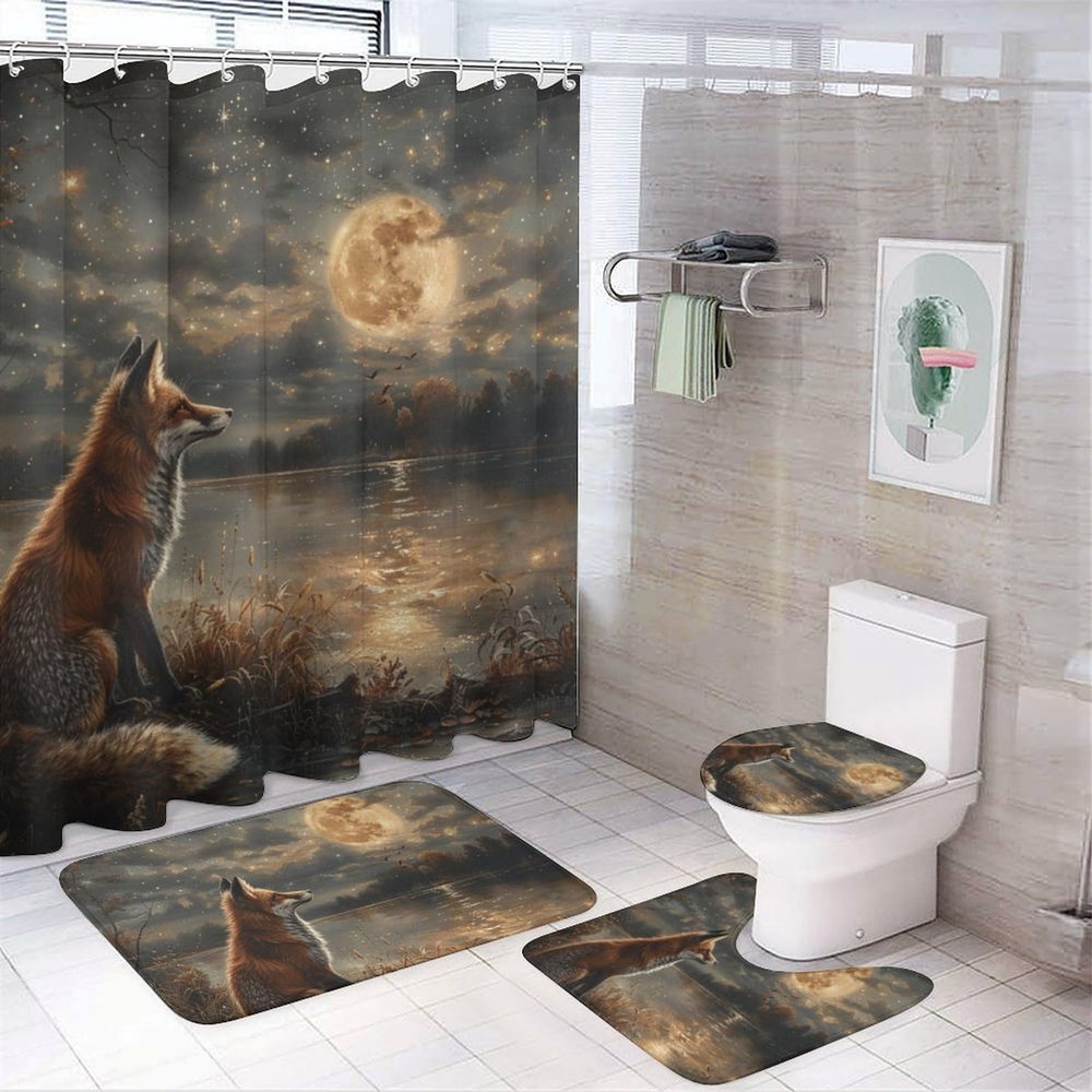 HDESDIS 4Pcs Forest Fox Fantasy Shower Curtain Sets with Rugs, Toilet Lid Cover and Bath Mat, Vintage Animal Star Moon Bathroom Shower Curtains Set with 12 Hooks