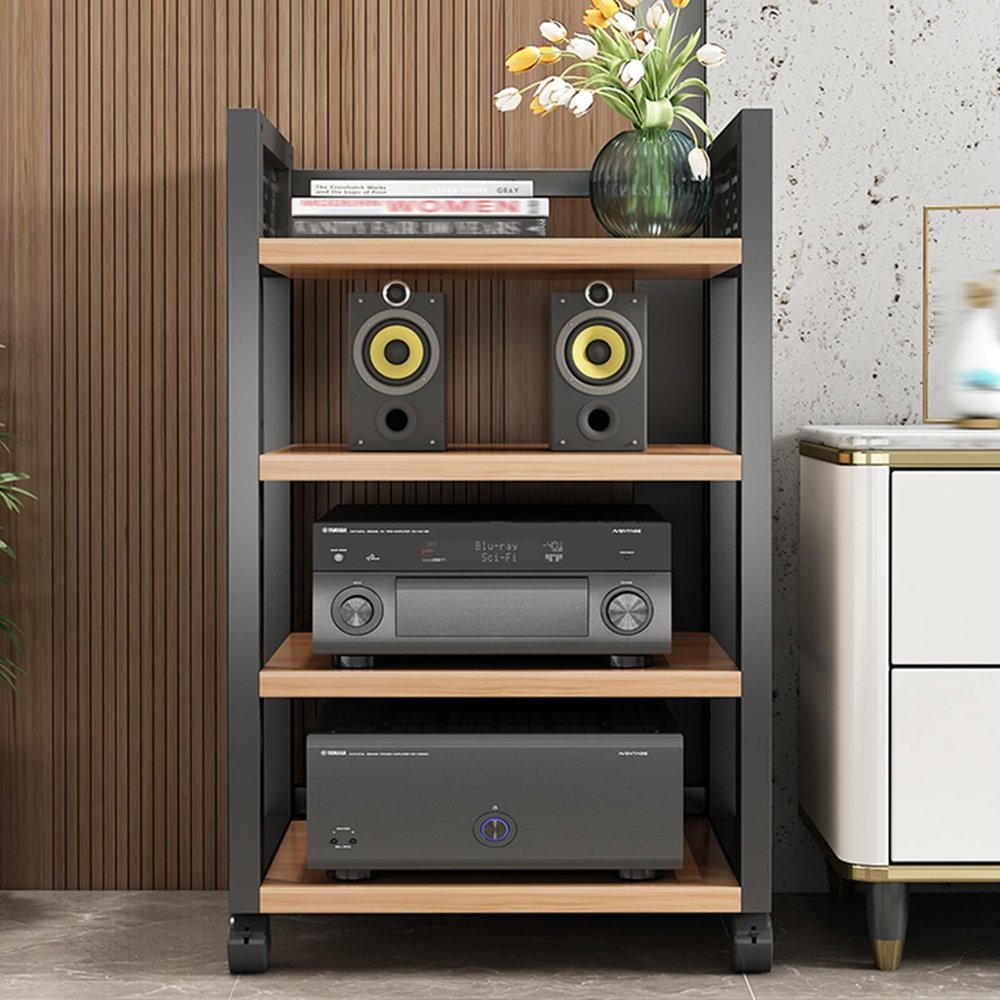 YHWKG Media Stand, Desktop Floor Standing Video Audio Rack,Media TV Stand Rack, Open Stereo Cabinet with Mobile Wheels, Media Storage Cabinet Stereo Component Cabinet(Wood Color,19.6x34.6)