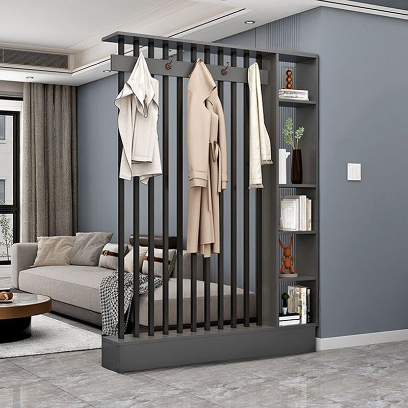 CraftThink Wall Room Divider with 5 Hooks and Shelf, Modern Wood Display Board Organizer Display Storage Bookshelf for Entryway, Living Room (Grey-Black, 55" L x 79" H)
