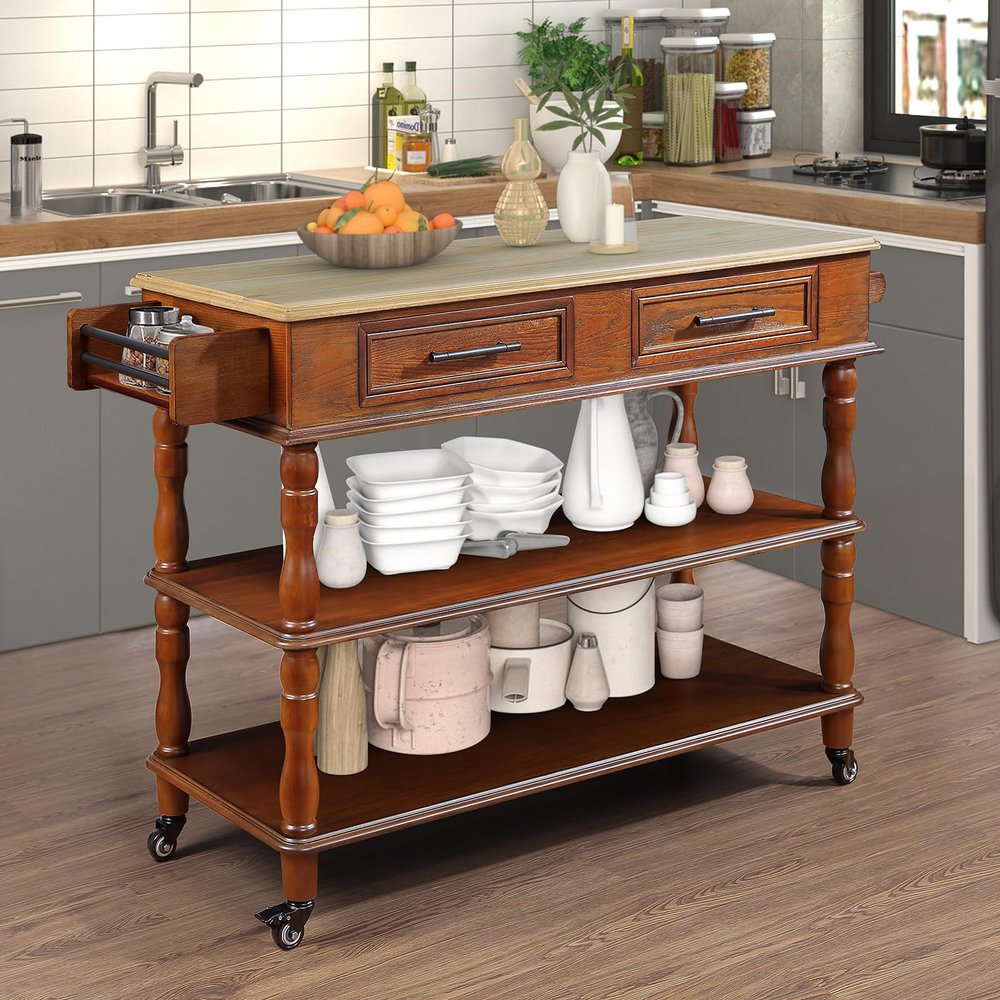56" Kitchen Island Cart with Storage, Rolling Portable Dining Room Serving Utility Carts with 2 Drawers&Solid Oak Wood Top Two-Sided Kitchen Cart Island Table with Wine&Spice Rack Walnut+Natural Top