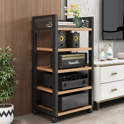 YHWKG Media Stand, Desktop Floor Standing Video Audio Rack,Media TV Stand Rack, Open Stereo Cabinet with Mobile Wheels, Media Storage Cabinet Stereo Component Cabinet(Wood Color,19.6x42.5)