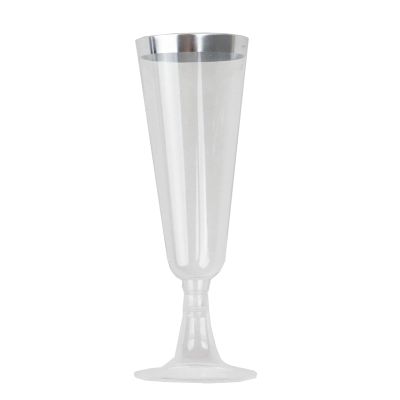 Balsa Circle 12 Clear 6 oz Disposable Flutes Glittered Plastic Champagne Glasses Silver Trim Wedding Party Events Decorations Supplies