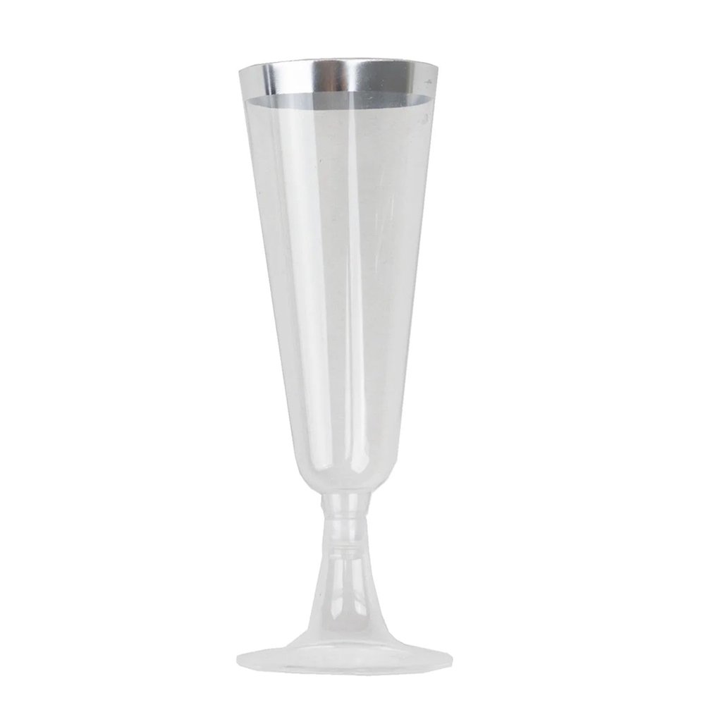 Balsa Circle 12 Clear 6 oz Disposable Flutes Glittered Plastic Champagne Glasses Silver Trim Wedding Party Events Decorations Supplies