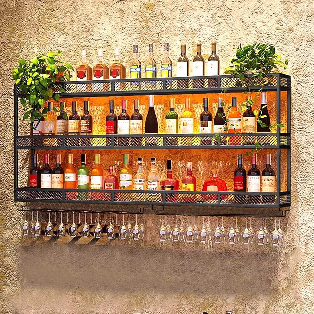 GWLQRTXV X2 39in Wine Rack with LED Lighting Wall Mounted Glass Holder, 3-Tiers Liquor Bottles Shelves Display Storage Organizer Hanging Long Stemware Goblet Metal for Home Mini Bar Cellar Black
