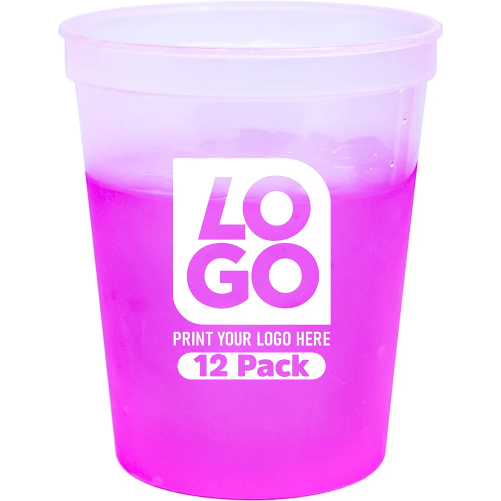 16oz Color Changing Stadium Cups with Custom One-Color Imprint for Parties & Events (Natural To Magenta, 12 Cups)