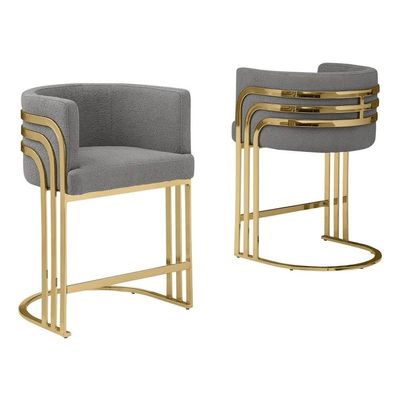 Modern Teddy Fabric Bar Stools with Chrome Legs - Dark Gray - Elegant Barrel Design with Gold Frame - Set of 2 - Perfect for Dining Room, Bar, Office, or Living Room