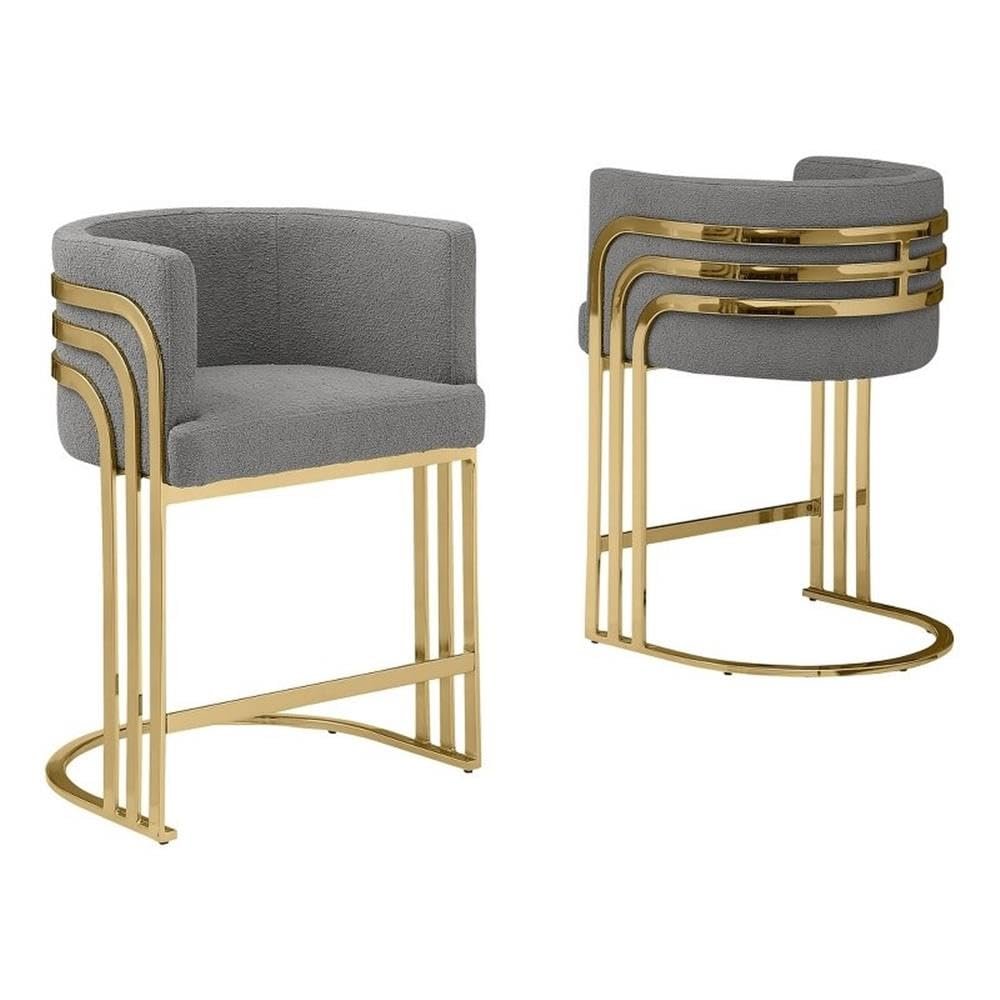 Modern Teddy Fabric Bar Stools with Chrome Legs - Dark Gray - Elegant Barrel Design with Gold Frame - Set of 2 - Perfect for Dining Room, Bar, Office, or Living Room