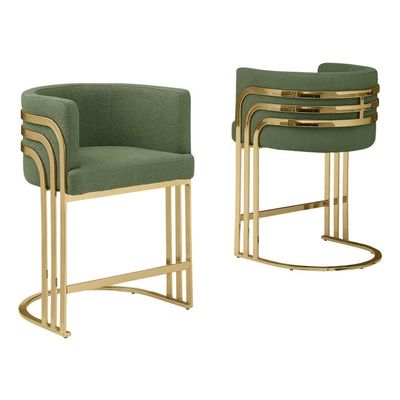 Modern Teddy Fabric Counter Height Stools with Chrome Legs - Green - Elegant Barrel Design with Gold Frame - Set of 2 - Perfect for Dining Room, Bar, Office, or Living Room
