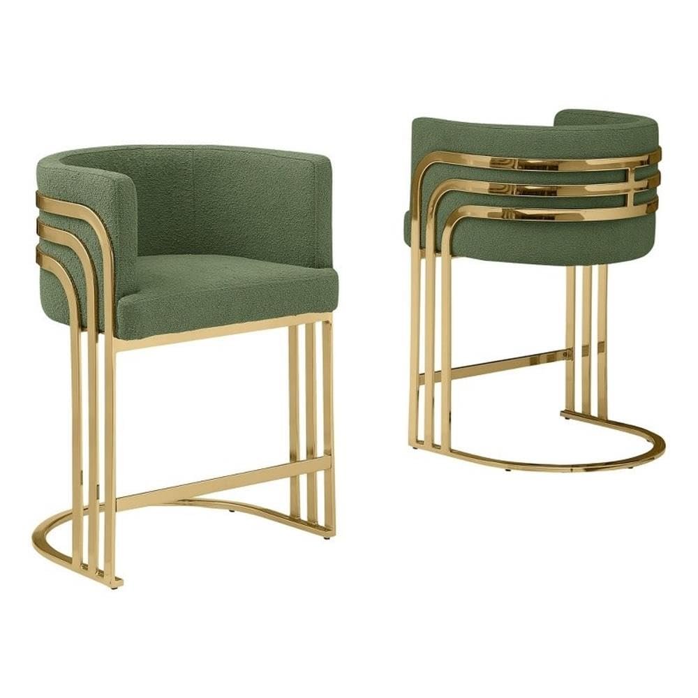 Modern Teddy Fabric Counter Height Stools with Chrome Legs - Green - Elegant Barrel Design with Gold Frame - Set of 2 - Perfect for Dining Room, Bar, Office, or Living Room