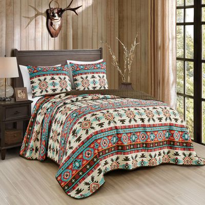 Chezmoi Collection Sanse 2-Piece Southwestern Geometric Motif Quilt Set - Multicolor Red Brown Blue Cream Printed Microfiber Lightweight Quilted Bedspread Set, Twin (70" x 90")