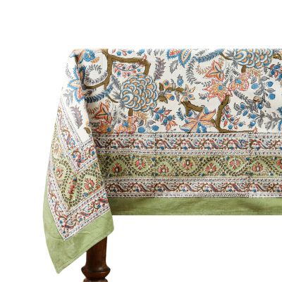 110x110 Inches Square Hand Block Printed Cotton Tablecloth, Green Blue Floral Table Cloths Washable, Indian Table Linen for Valentine Thanksgiving Gifts Home Decor Dinning Outdoor