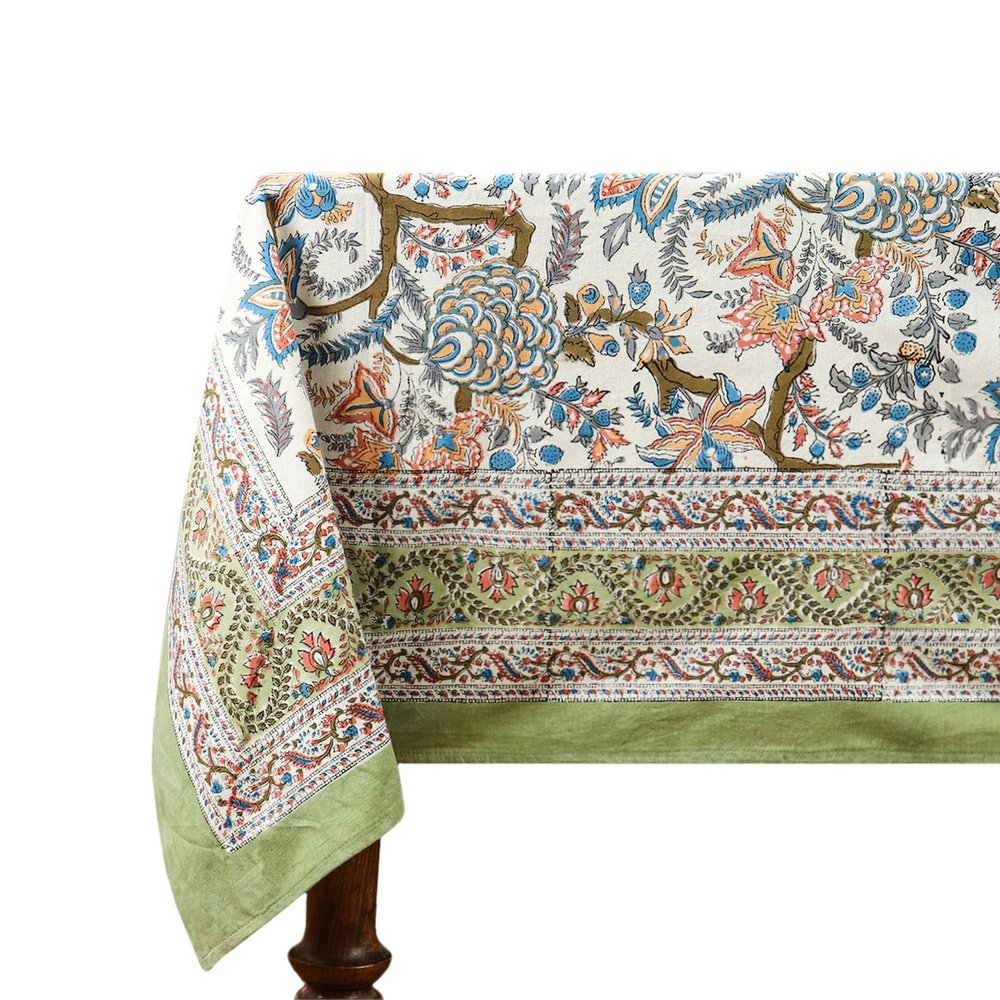 110x110 Inches Square Hand Block Printed Cotton Tablecloth, Green Blue Floral Table Cloths Washable, Indian Table Linen for Valentine Thanksgiving Gifts Home Decor Dinning Outdoor