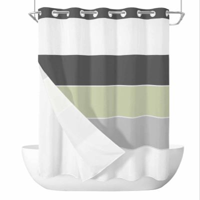 No Hook Shower Curtain and Snap in Liner Set, Black Grey Green Striped Fabric Bathroom Stall Shower Curtains 36x78, See Through Mesh Top Window, Geometric Modern Horizontal Simple Lines Hotel Style