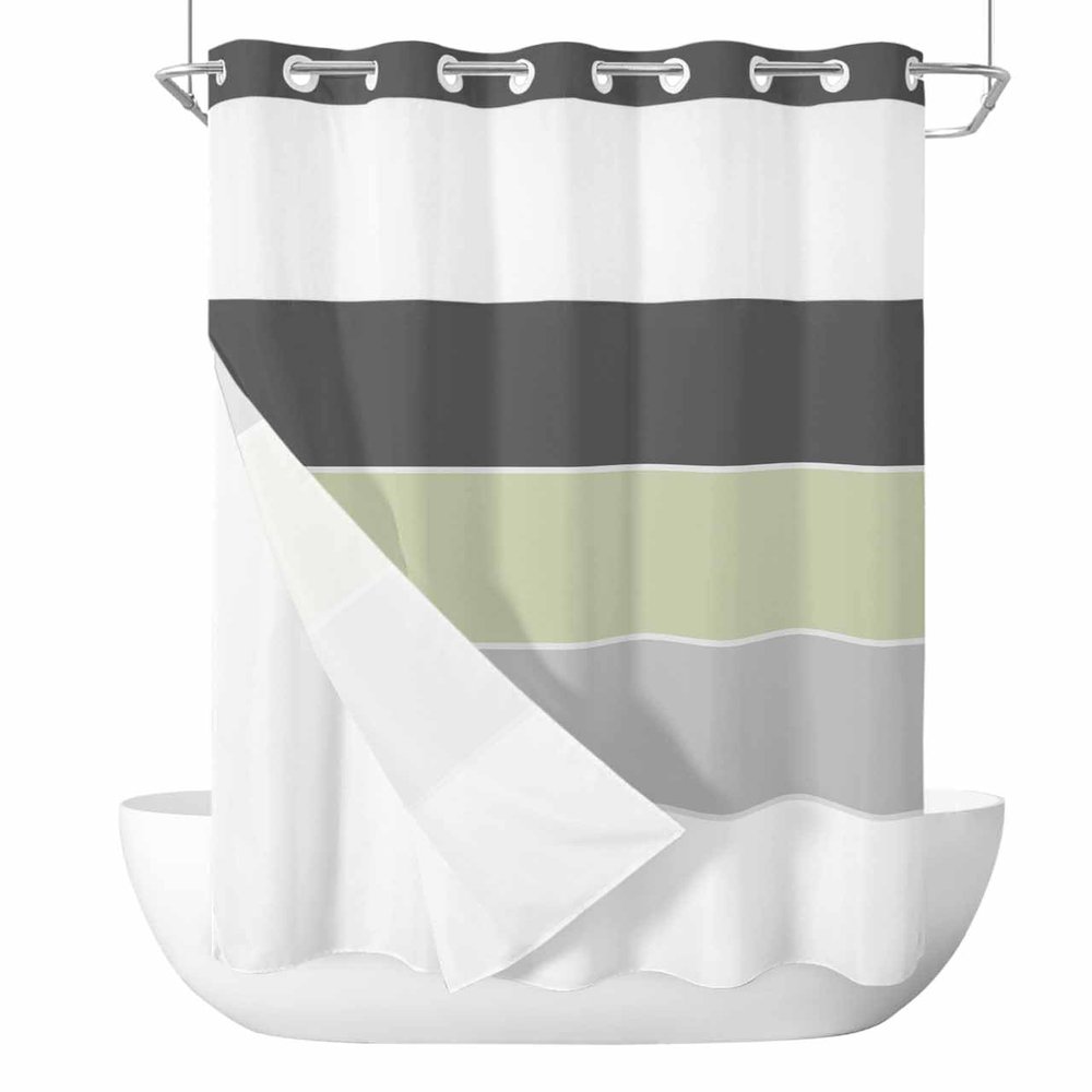 No Hook Shower Curtain and Snap in Liner Set, Black Grey Green Striped Fabric Bathroom Stall Shower Curtains 36x78, See Through Mesh Top Window, Geometric Modern Horizontal Simple Lines Hotel Style