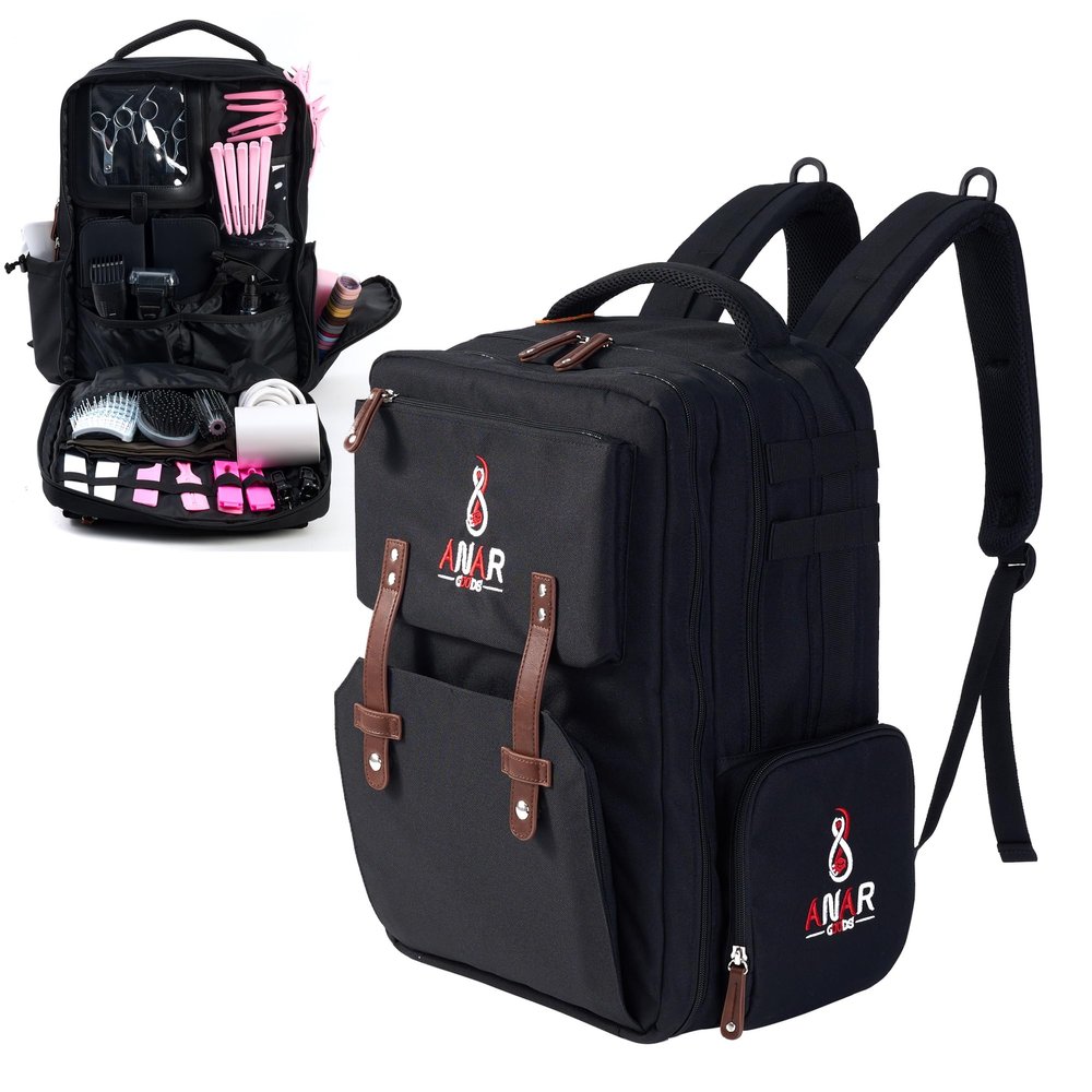 ANAR GOODS Hairstylist Tools Backpack | Large Capacity | Holds Hair Dryer, Curling Iron & PC Compartment | Travel-Friendly | Easy Packing | Strong Materials | Black