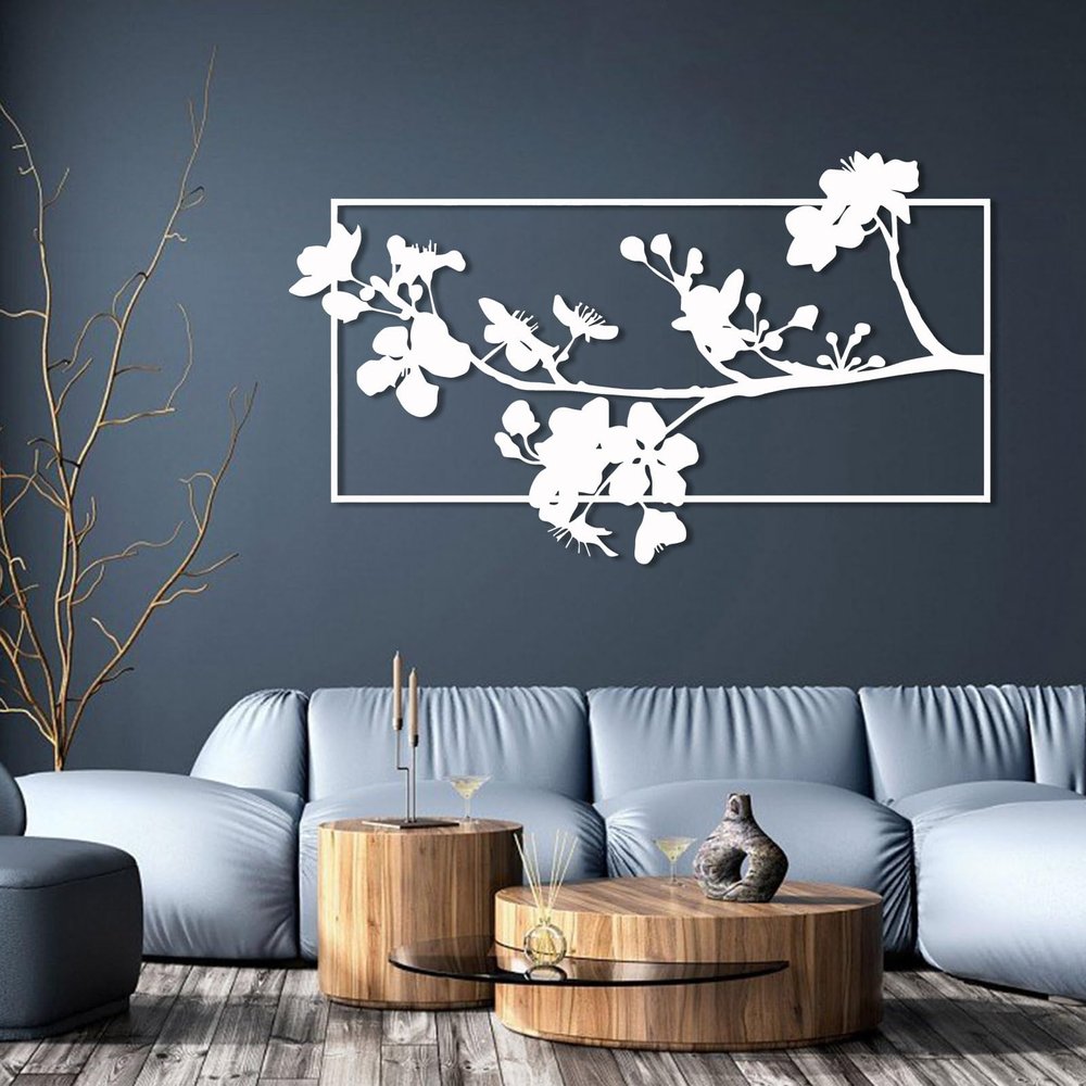 Gasijet Cherry Blossom Metal Wall Decor, Sakura Metal Wall Art, Japanese Art, Japanese Home Decor, Cherry Blossom Sign, Home Decor Living Room, Office Art (White, 53"x31"|135x79cm)