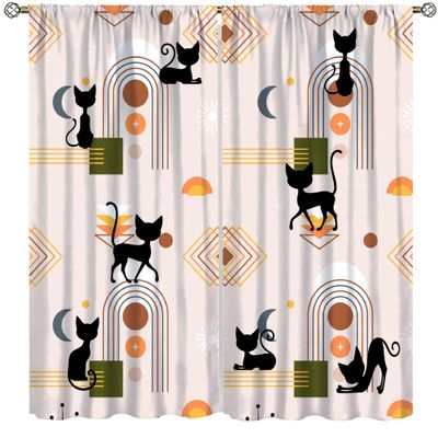 ShiTingYu Boho Abstract Cat Curtains Mid Century Geometric Minimalist Art Modern Boy Girl Kids Green Orange Drapes for Bedroom Living Room Kitchen Window Treatments Rod Pocket 2 Panel 84x84 Inch
