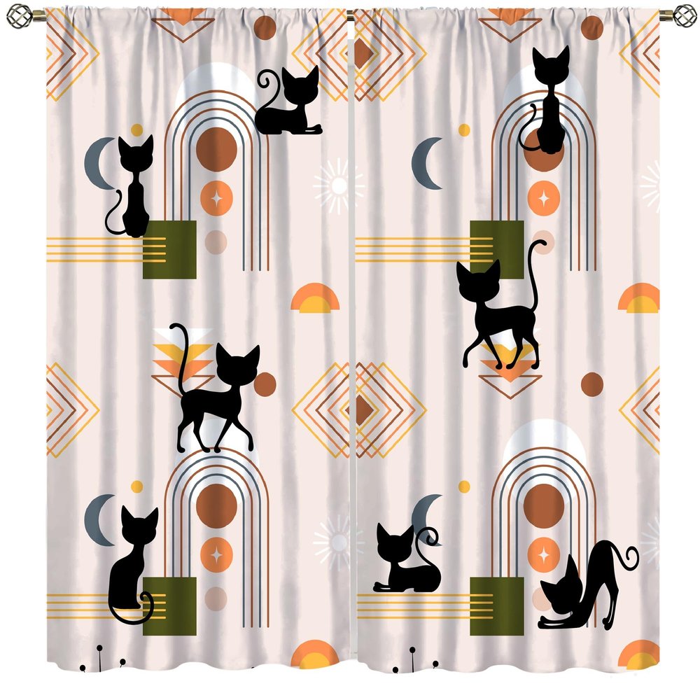 ShiTingYu Boho Abstract Cat Curtains Mid Century Geometric Minimalist Art Modern Boy Girl Kids Green Orange Drapes for Bedroom Living Room Kitchen Window Treatments Rod Pocket 2 Panel 84x84 Inch
