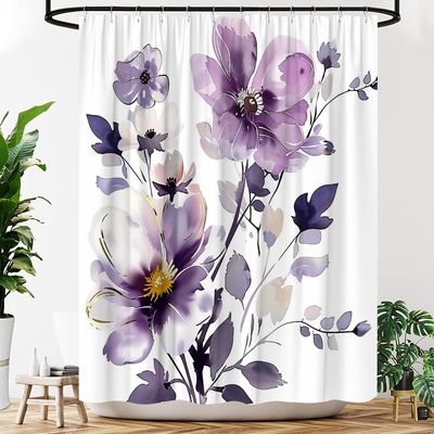YOZSLGU Purple Floral Shower Curtain Watercolor Flowers Botanical Spring Minimalist Women Girls Fabric Bathroom Decor Curtains with Hooks, 70" Wx75 H