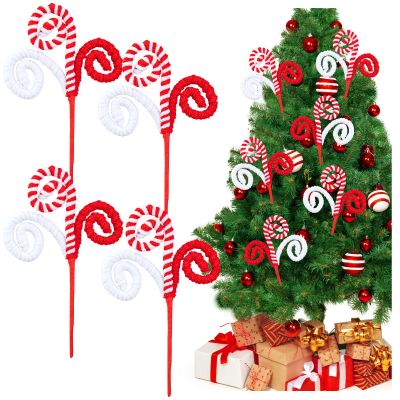 4Pcs Red White Christmas Tree Picks, Christmas Candy Cane Picks, Xmas Tree Topper Sticks Ornaments, Large Tree Woolen Candy Curly Topper Sticks Lollipop for DIY Craft Wreath Home Holiday Decor