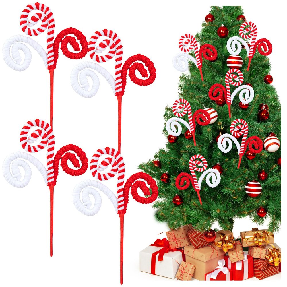 4Pcs Red White Christmas Tree Picks, Christmas Candy Cane Picks, Xmas Tree Topper Sticks Ornaments, Large Tree Woolen Candy Curly Topper Sticks Lollipop for DIY Craft Wreath Home Holiday Decor